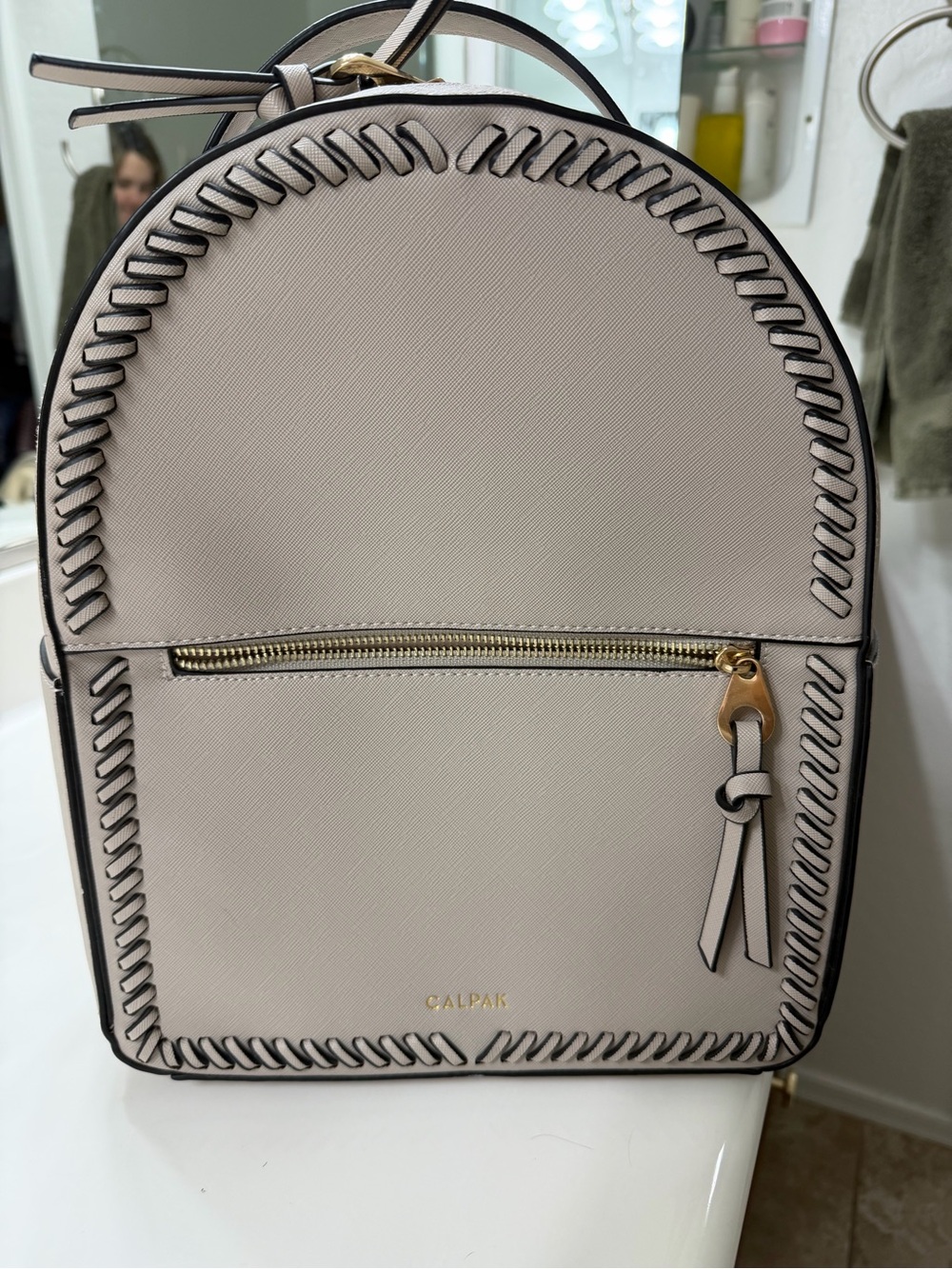 Calpak Grey Stone Backpack with Whipstitch Detail